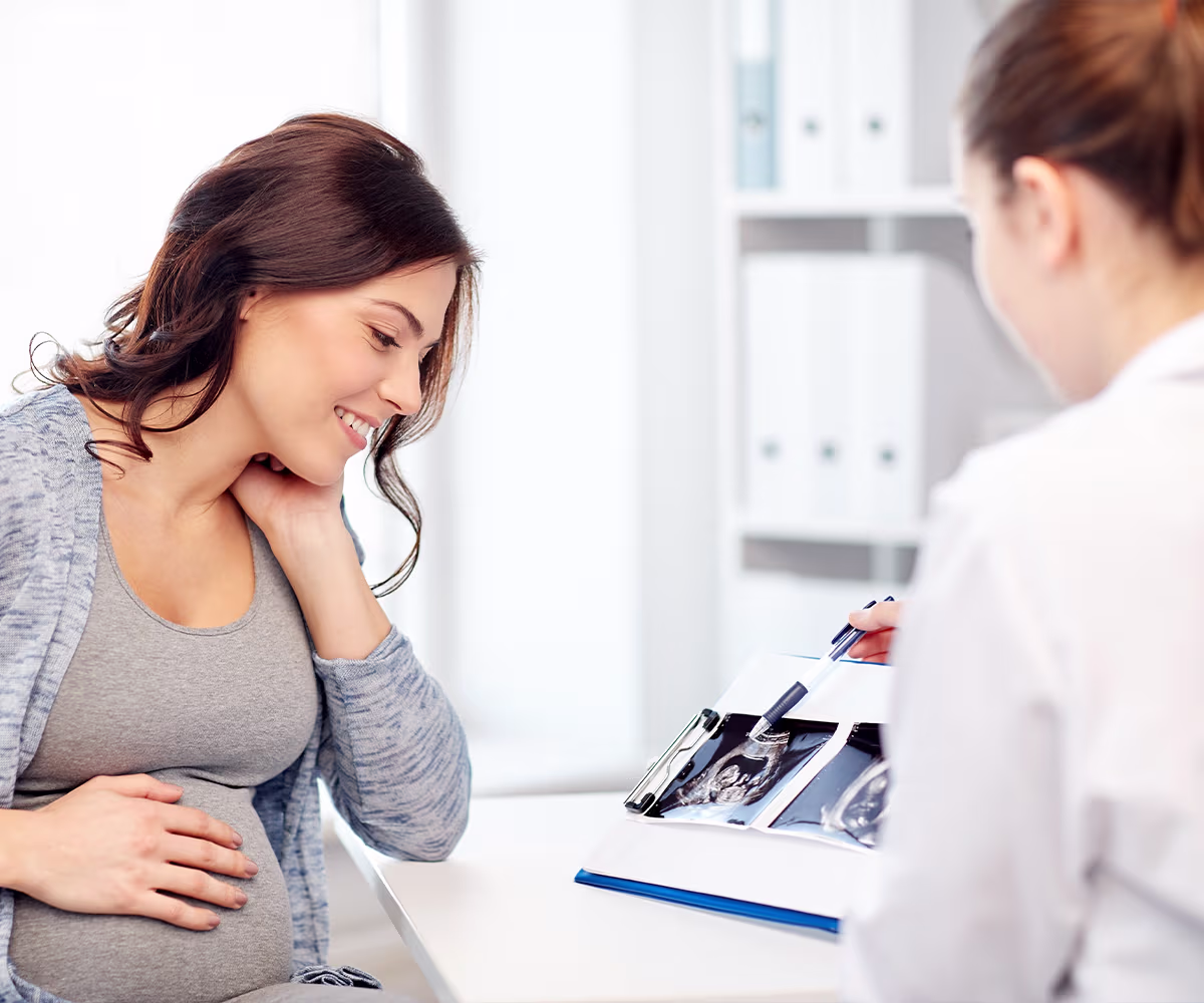 Services Accent image showing a pregnant woman talking with a doctor